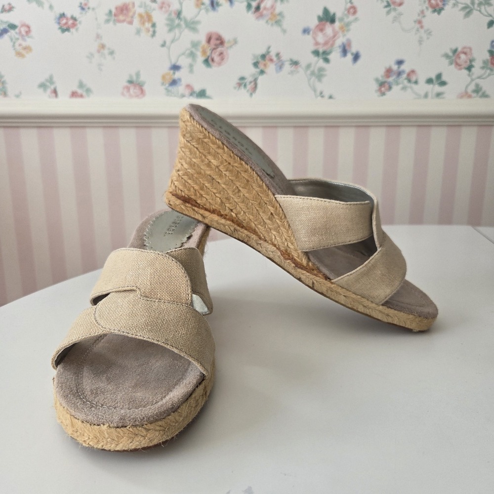 Vtg Y2K George Womens 11‎ Espadrille Wedge Heels Shimmer Beige Slides Slip On